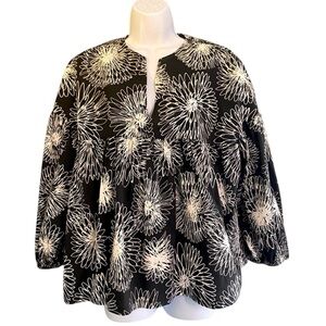 Piazza Sempione Split Neck Black Cream Floral 3/4 Sleeve Empire Waist Top Sz 16